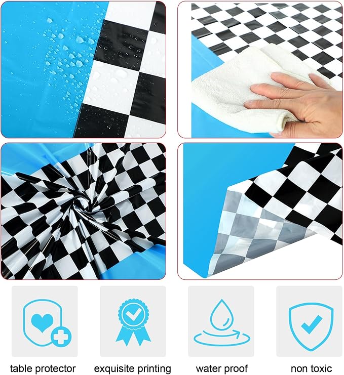 Oudain 3 Pcs Cars Birthday Party Supplies Racing Party Decorations Round Racing Tablecloth Checkered Flag Table Covers Road Plastic Table Cloth, 1950s Disco Dancing Party Tablecloth (Light Blue)