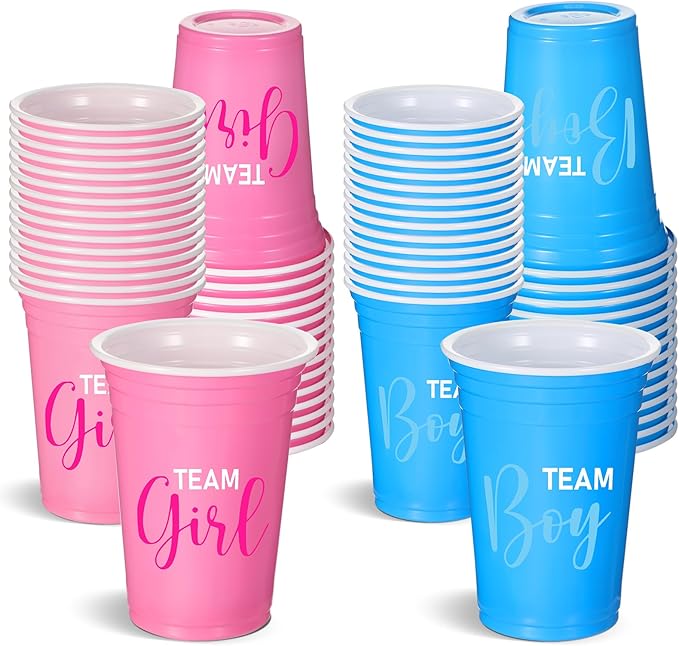 Norme 60 Pcs Gender Reveal Plastic Cups Gender Reveal Party Supplies Team Boy Team Girl Disposable Blue Pink Cups for Beverage Drink Tableware (12 oz)