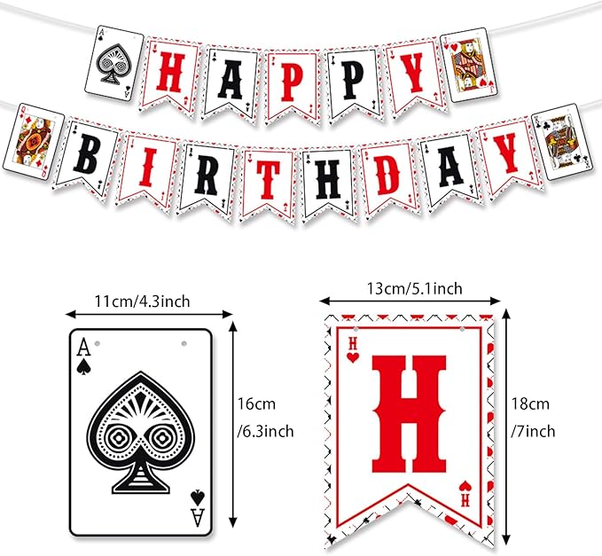 Zwiebeco Casino Theme Happy Birthday Banner Colorful Poker Sign Hanging Paper Party Decorations for Men Women Playing Cards Game Themed Accessories Supplies