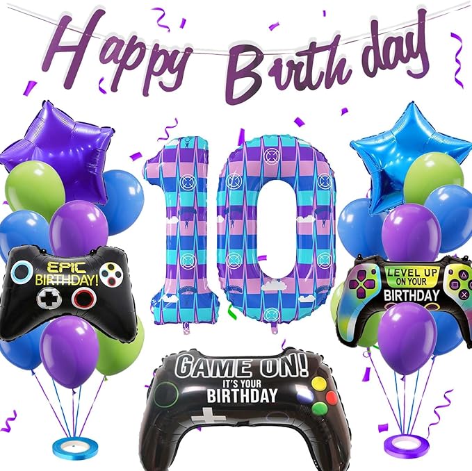 Video Game Theme Birthday Party Number Balloons Piñata Gaming Party Decor Balloons Large Number Balloons for Kids Battle Boys Birthday Party Decoration Supplies(Number 10 Set)