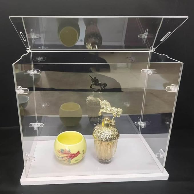 Clear Acrylic Display Cabinet Assembly, Thickened Base, top openable Door, Sturdy L-Shaped Buckle, dust Protection Cabinet for Action Doll Toy Collectibles (White, 35x20x30cm/14x8x12in)