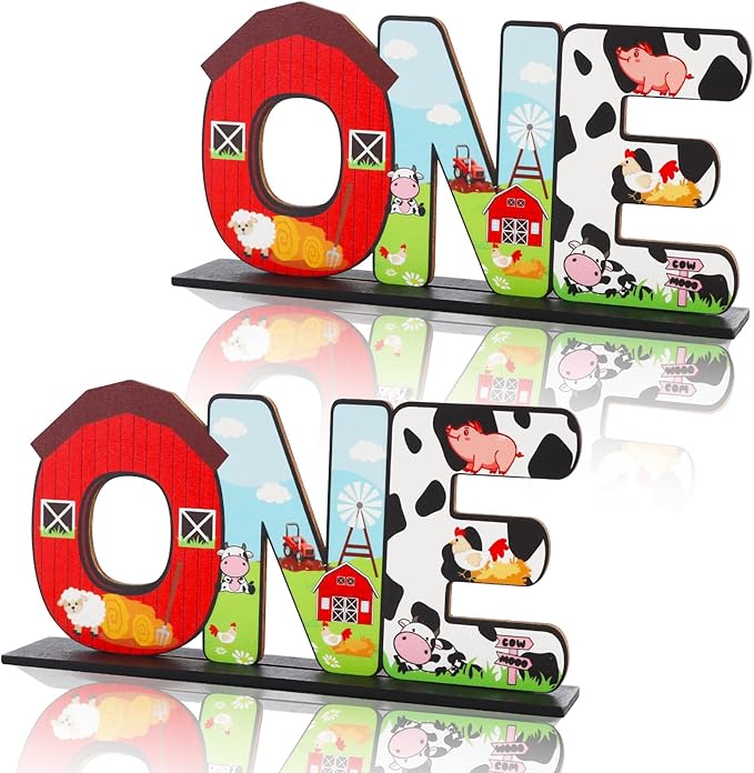Farm Animal ONE Letter Sign Table Centerpieces for 1st Birthday Decorations,One Year Old Birthday Supplies Favors Baby Shower Party Photo Booth Props(2 Set)