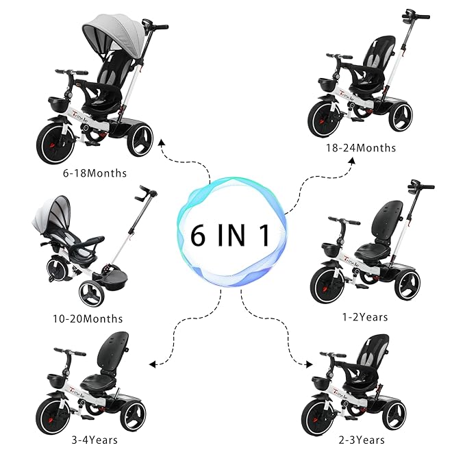 UBRAVOO Baby Tricycle,6-in-1 Baby Push Bike Steer Stroller,Learning Toddler Bike/Detachable Guardrail,Adjustable Canopy,Safety Harness,Folding Pedal,Storage Basket,Brake,Shock Absorption