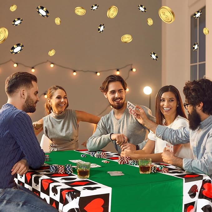 Hosuly 3 Pcs Casino Theme Party Decorations Poker Tablecloth Poker Plastic Disposable Table Cover Casino Theme Tablecloth for Game Birthday Playing Card Party Picnic Supplies, 51 x 108 Inch (Green)