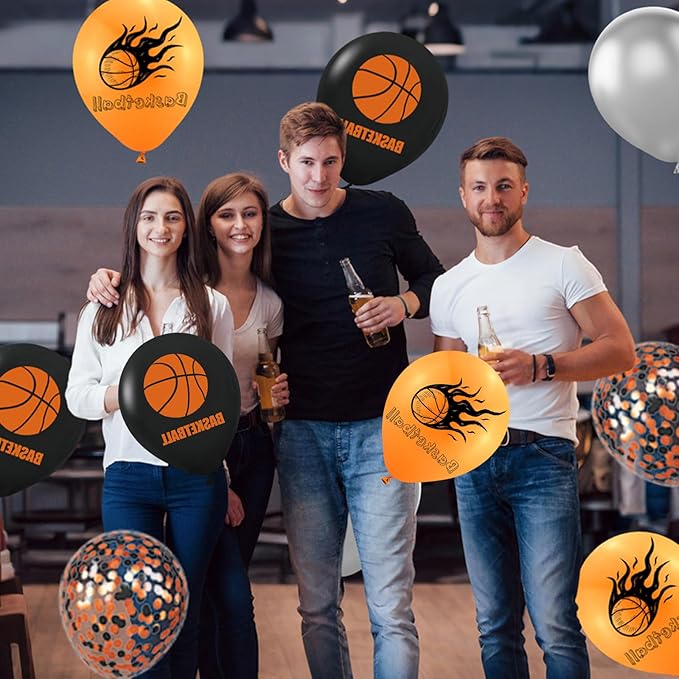 Basketball Balloons, 60Pcs 12 Inch Black Orange Metallic Silver Confetti Basketball Party Balloons for Kids Boy Sport Birthday Party Sports Baby Shower Graduation Party Decorations