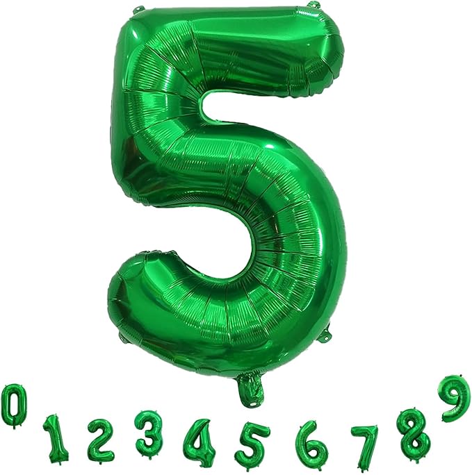 40 Inch Dark Green 5 Number Balloons, Large Foil Self Inflating 5th Birthday Number Balloon, 0-9 Set Number Ballons for Girls Men 25th 35th Birtyday Party Anniversary Jungle Decorations Supplies