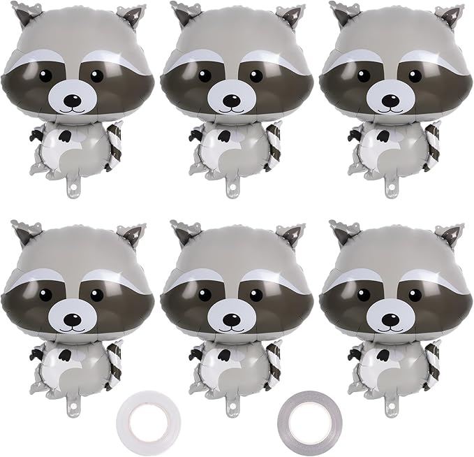Raccoon Balloons - 6 Pcs Cute Foil Balloons for Woodland Animal Themed Party, Camping, Birthday, Baby Shower