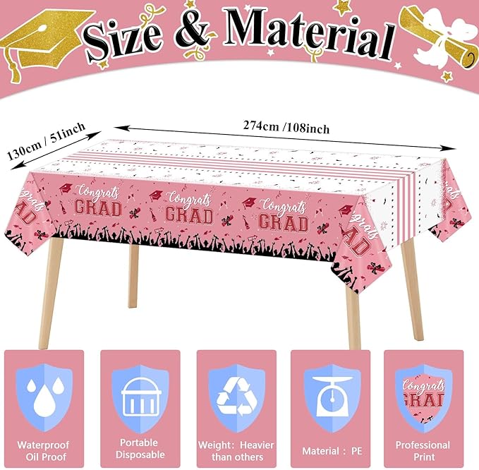 chiazllta Set of 3 Graduation Tablecloths Class of 2025 Congrats Grad Pink Graduation Party Tablecover Decorations Party Supplies Large Size Plastic 54"x108"(Pink & Gold)