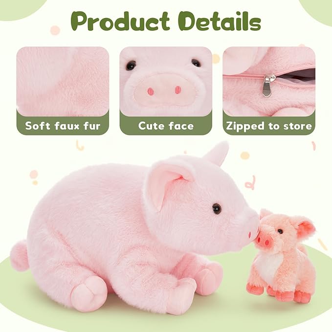 5 Pcs Pig Stuffed Animal Plush - Pink Mommy 16" with 4 Little Piggy in Her Zippered Tummy - Cute Plushie Toy Gift for Girls and Kids
