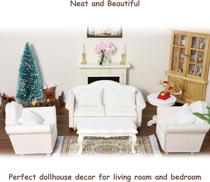Dollhouse Couch Miniature Furniture Sofa with Pillows for Living Room Desktop Decoration Fabric Sofa Mini Home Scene Accessories Ornament (Double Sofa, White)
