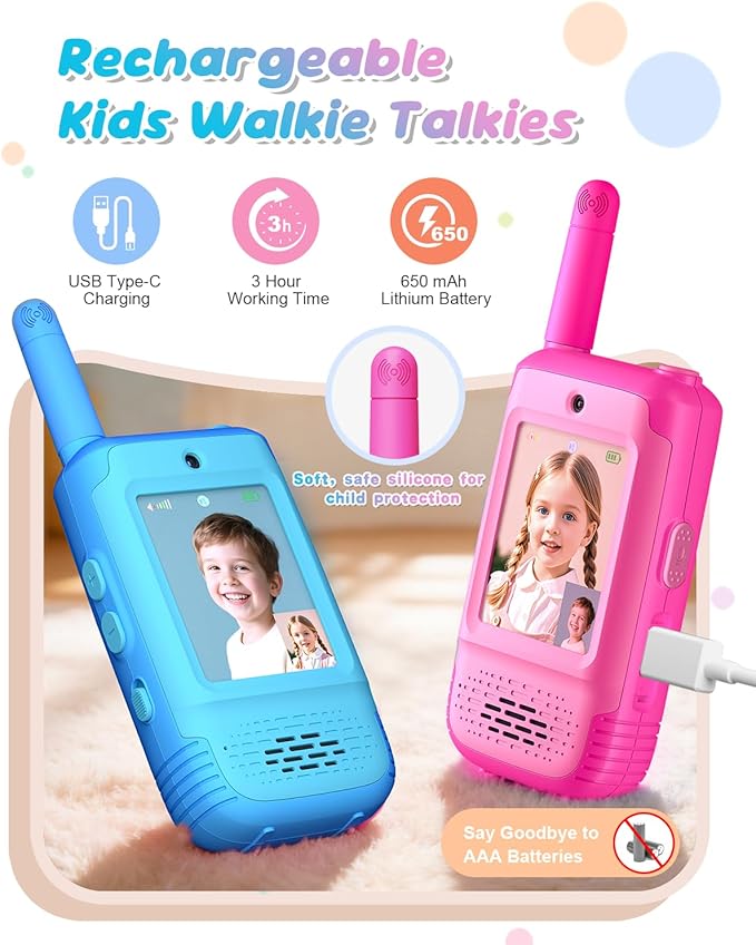 Video Walkie Talkies for Kids, 2 Pack Kids Walkie Talkies with 3 Voice Changers, Rechargeable Toy for 3-12 Year Old Boys Girls, 1000Ft Video Intercom for Camping Hiking Birthday Gift (Blue-Pink)