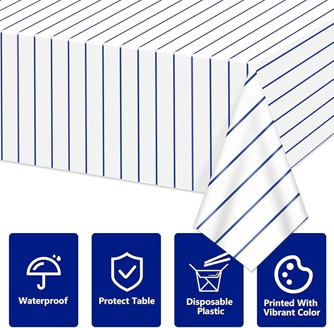 Baseball Tablecloths, 4 Pcs Blue and White Stripe Plastic Table Covers for Baseball Birthday Decorations Sports Theme Party Supplies