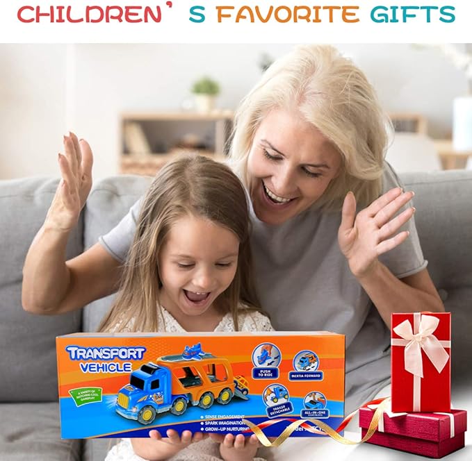 Forty4 9 Pack Cars Toys for 2 3 4 5 Years Old Toddlers Boys & Girls Gift, Big Transport Truck with 8 Small Cute Pull Back Trucks, Carrier Truck with Sound & Light 13.5 * 5.5 inch, 2.5 * 1.6 inch