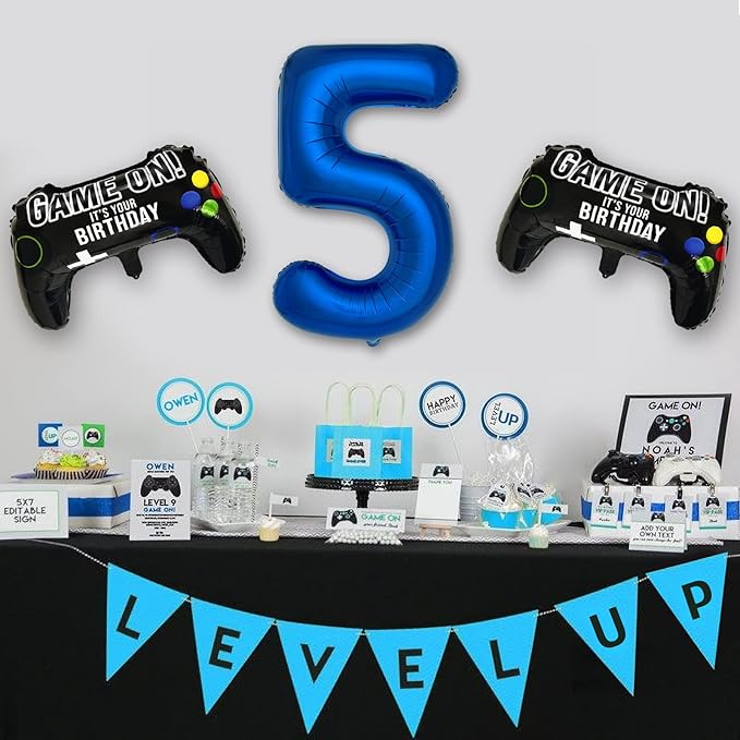 Navy Blue Video Game Party Supplies Boys 5th Birthday Party Decorations- 2 Packs Game On Balloons with Dark Blue Number 5 Balloon