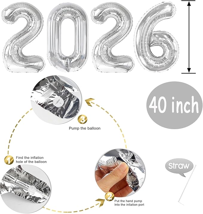 Huge 2026 New Year Balloons 40 Inch 2026 Silver Mylar Foil Helium Number Balloons Christmas New Year Eve Graduation Party Decorations Supplies
