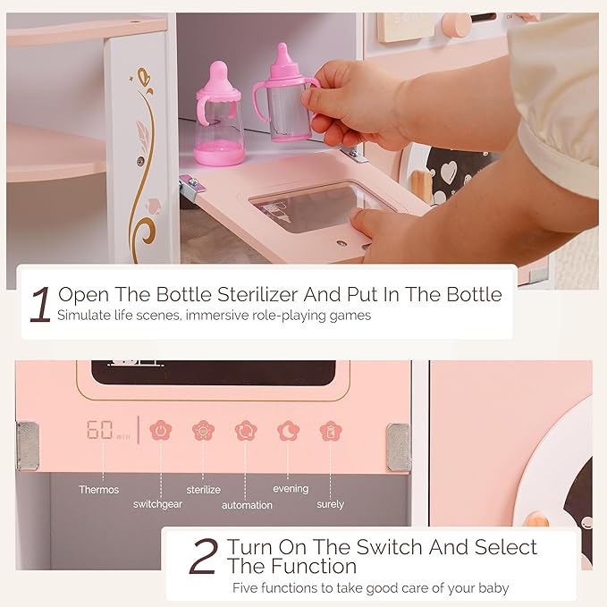 ROBOTIME Wooden 6-in-1 Baby Doll Changing Table with Baby Doll Crib, Washing Machine, Bottle Sterilizer, Storage Area, and Doll Seat, Ideal Role-Playing Toy for Kids 3+, Fits Dolls Up to 20 in, Pink