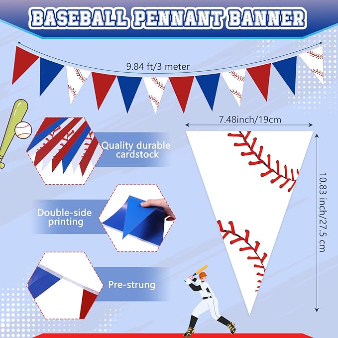 Faccito 5 Pack Baseball Banners Party Decorations Sports Championship Pennants Hanging Decor Themed Triangle Flags Athletics Game Garland for Birthday Party Supplies (Red,Blue,White)