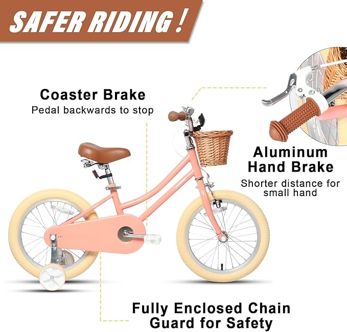 Petimini Vintage Kids Bike for Girls, 12–20 Inch Classic Bicycle with Wicker Basket & Bell, High Tensile Steel Frame, Training Wheels (12–18”), 85% Pre-Assembled, Retro Bike for Outdoor Riding