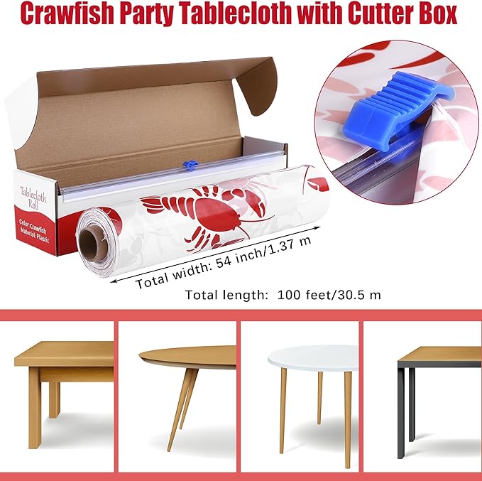 Kochorie 100 Ft x 54 Inch Crawfish Party Tablecloth Roll with Cutter Box Waterproof Plastic Lobster Table Cover for Crawfish Birthday Party Supplies Decorations