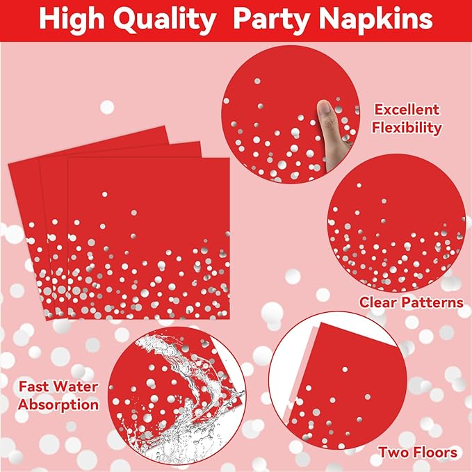 gisgfim 96Pcs Red and Silver Party Paper Plates and Napkins Party Supplies Silver Dot on Red Birthday Tableware Glitter Decoration Favors for Birthday Baby Shower Serves 24