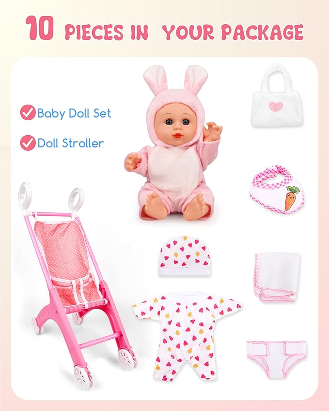 Baby Doll Stroller Set with 2 Doll Outfits, Toy Baby Stroller for Dolls with Diaper, Bib & Mini Bag, Imaginative Role-Play Gift for Toddlers 2+