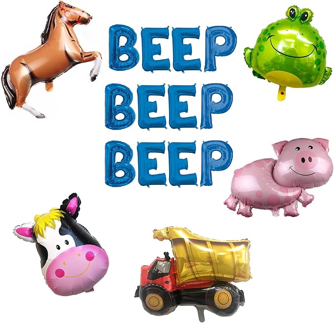 100% LIKED-Beep Beep Beep Blue Letters Balloon Banner, Little Truck Birthday Decorations, Pig Toad Cow 1st Birthday Party Decorations