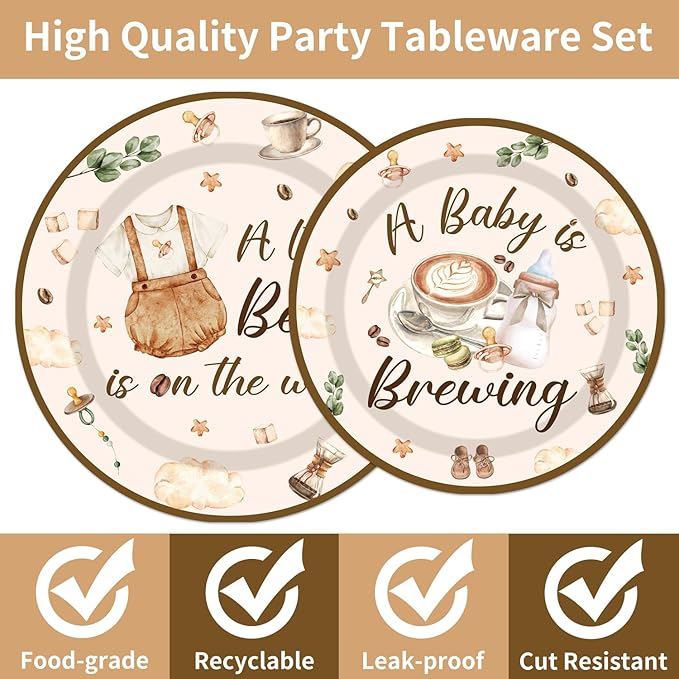96Pcs Coffee Theme Baby Shower Tableware Set - Coffee A Baby Is Brewing Paper Plates Napkins Forks A litte Bean Is On The Way Gender Reveal Party Supplies Serve 24 Guests