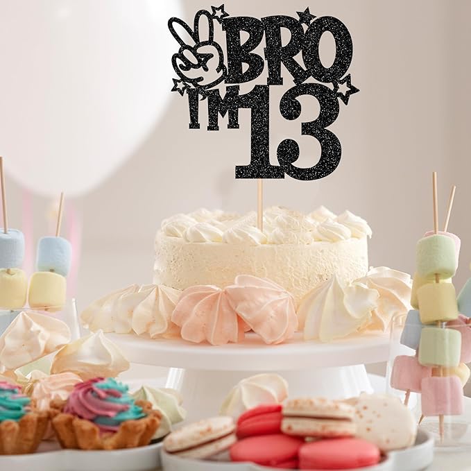 1 PCS Brother I'm 13 Cake Topper Glitter Star Happy 13th Birthday Cake Pick Bro I'm 13 Cake Decoration It's My 13th Birthday Decorations for Boys Cheers to 13 Years Old Birthday Party Supplies Black