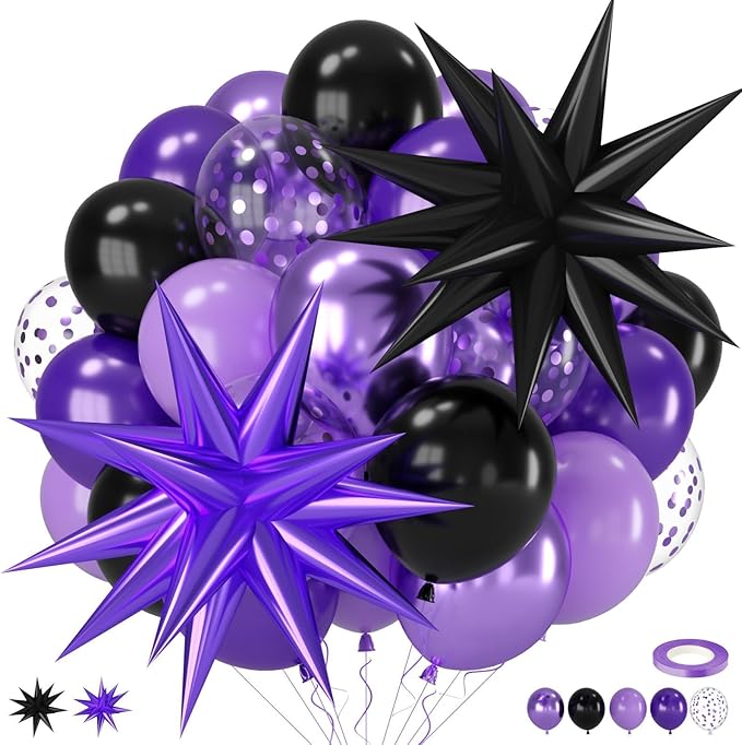 Purple and Black Balloons, 12 Inch Metallic Purple Dark Light Purple Black Confetti Balloon with Star Foil Balloons for Girls Women Birthday Wedding Graduations Party Decorations