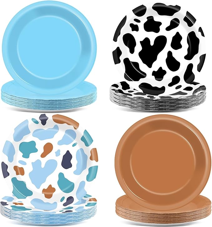 CHUNNIN 48Pcs Western Cowboy Party Paper Plates 7” Toy Blue Brown Cartoon Story Party Supplies Cow Print Disposable Dinner Plate for Western Theme Farm Birthday Baby Shower Farmhouse Party Decorations