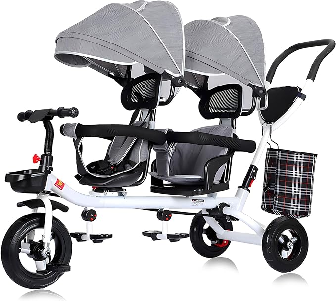 Kids Tricycle - 4 in 1 Double Seat Children'S Tricycle, Toddler Pushchair, Detachable Canopy, Folding Pedals, Reversible Seat, Removable Guardrail, Suitable for 1 to 6 Years Old Children,Gray