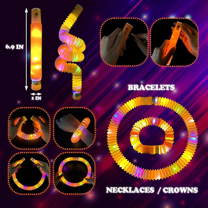 Orange Glow Sticks Pop Tubes, 24PCS Mardi Gras Parade Throws Party Favors, Light Up Necklaces & Bracelets Accessories Decorations, Glow Birthday Wedding Carnival Easter Party Supplies for Kids Adults