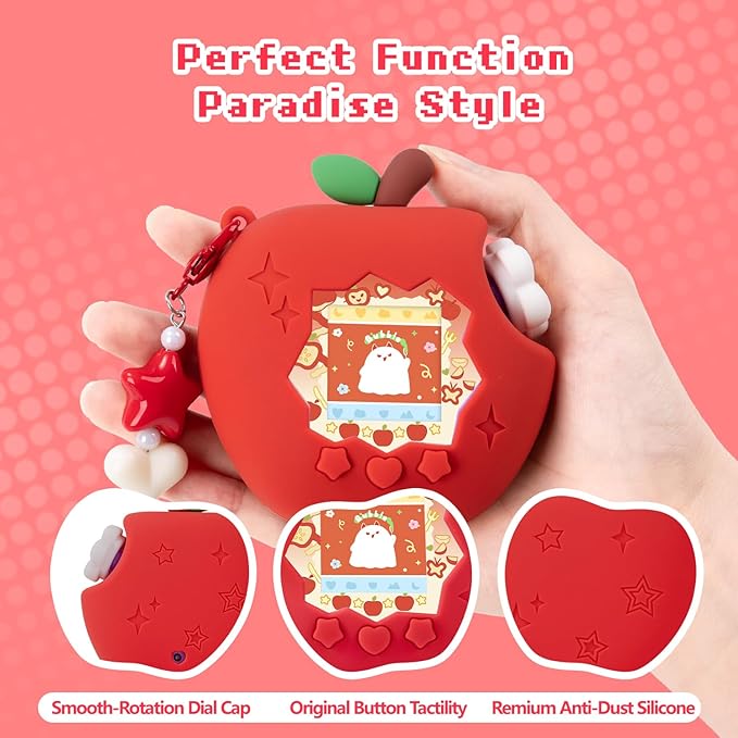 Apple Case for Tamagotchi Paradise, 4-iaradisen-1 Shockproof Silicone Protective Cover Kit with Faceplate, Flower Dial Cap & Charm, Kawaii Accessories for Girls & Adults (RED)