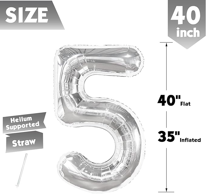 40 Inch Silver Number 5 Balloon, Giant 5 Number Balloons for 5th Birthday Decorations, Party Supplies for Baby Boy Girl, Silver Party Decor