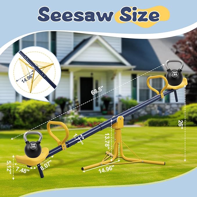 Seesaw for Kids Outdoor, Heavy Duty 250LB 360° Rotating Seesaw Outdoor Teeter Totter with Sit and Spin Design for Backyard Park & Balcony Ideal Outdoor Toys for Kids Ages 3 4 5 6 7 8