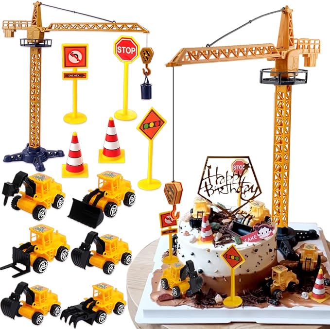 Construction Cake Topper Large Crane Excavator Traffic Road Sign Cake Toppers Construction Birthday Party Supplies Cake Decorating Supplies Kit Construction Toys Birthday Party Favors for Kids Boys