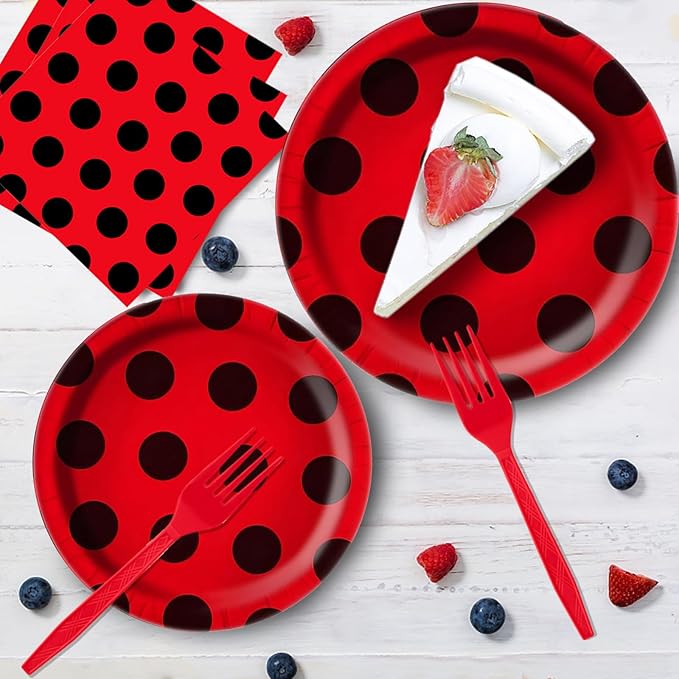 96Pcs Ladybug Plates and Napkins Party Supplies, LadybugThemed Tableware Set, Cute Disposable Dinnerware for Birthday Dessert Tea Party Decoration, 24 Guests