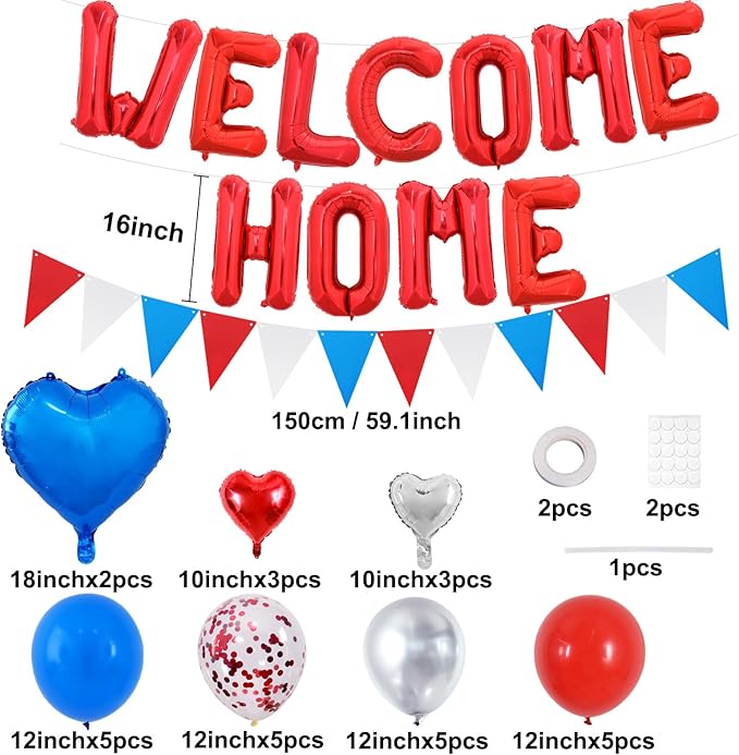 TONIFUL Welcome Home Decorations,16 Inch Red Welcome Home Foil Balloon Banner Red Blue White Confetti Balloons Pennant Flag Bunting for Homecoming Party House Warming Party Family Gathering Supplies
