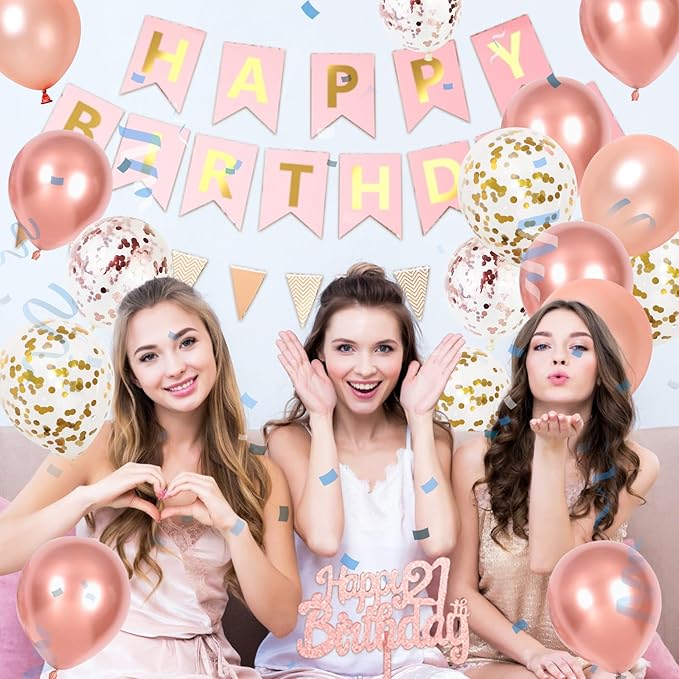 Rose Gold 21st Birthday Decorations, Happy Birthday Party Decorations With 21 Number Balloons Metallic Pearl Gold Rose Balloons Banner Fringe Curtain Cake Topper For Girl Women 21st Party Supplies