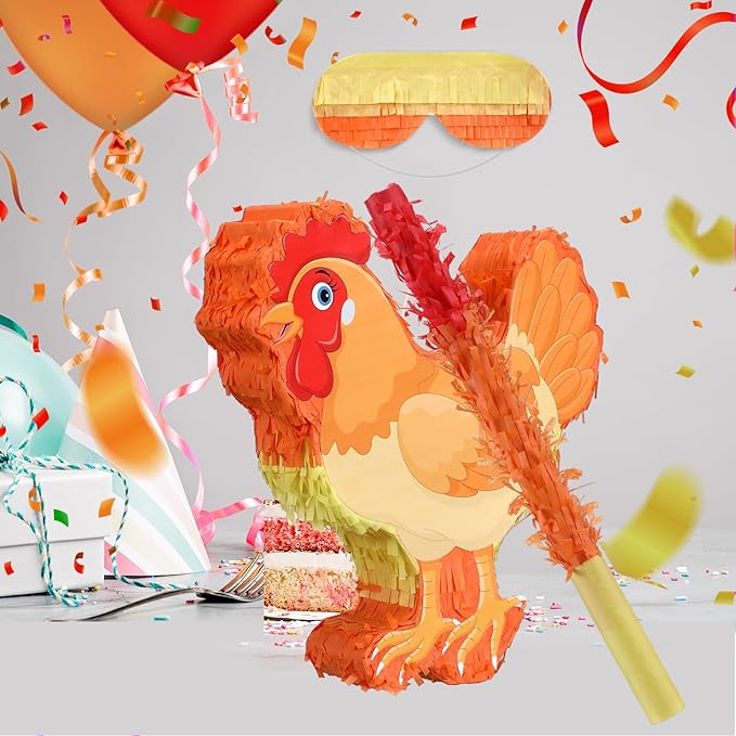 Chicken Piñata 3D Chicken Birthday Decoration with a Blindfold and Bat for Kids Girls Boys Gift Holiday Piñata Party Baby Shower Supplies
