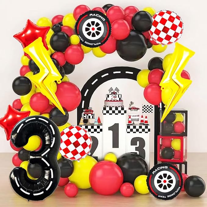 Cartoon Race Car Birthday Party Decorations Large Lightning Bolt Foil Balloons Race Car Balloons 40 Inch Racetrack Number 3 Balloon for Boys 3rd Cars Themed Birthday Party Decor Supplies