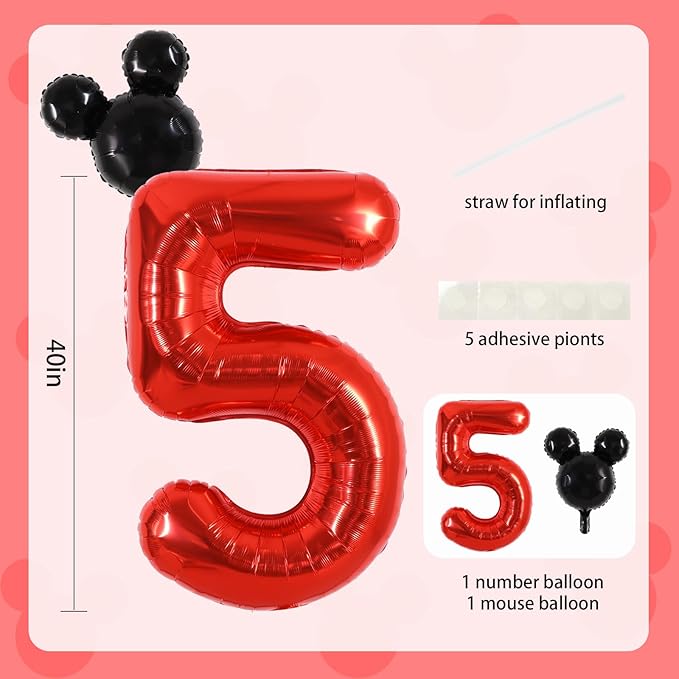 Vuzvuv 40 Inch Mouse Number Balloon No.5, Black Mouse Head Balloon and Red Giant Giant Number Five Balloon for Birthday, Mouse Theme Party Supplies, Baby Shower,Anniversary Decoration