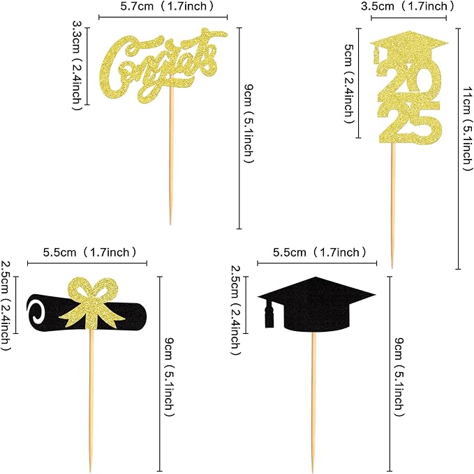 24Pcs 2025 Grad Cap Graduation Cupcake Toppers,Congrats Graduate Graduate Cap Food/Appetizer Picks For Graduation Party Mini Cake Decorations Black Gold Glitter