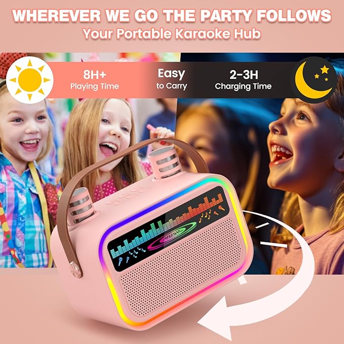 Mini Karaoke Machine Toys for Kids Girls, Tnvee Portable Bluetooth Speaker with 2 Wireless Microphones, Funny Birthday Gifts for Girls Ages 3, 4, 5, 6, 7, 8, 9,10,11,12+ Years Old Toddler - Pink