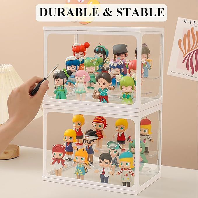 Glass Display Case for Figures with Light 2 Tier Clear Display Stand for Collectibles Stackable Assemble Display Box for Action Figures Toys Dustproof Clear Storage Box Showcase for Pop Mart(1 Pack)