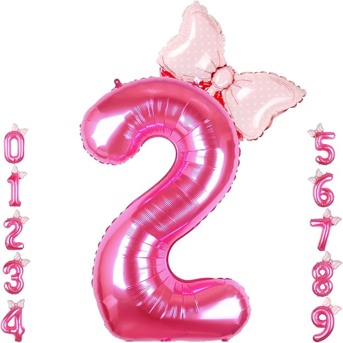 40 Inch Pink Number 2 Balloon with Mini Bow Balloon for Girls 2nd Birthday Decorations, Mouse Pink Princess Western Cowgirl Theme Birthday Party Balloons Decorations Supplies