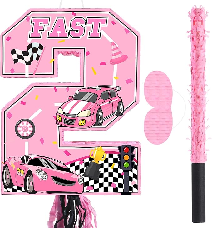 Number 2 Piñata Pink Race Car Party Decorations Racing Cars Pull String Piñata 2 with Stick Blindfold Checkered Wheel Pink Two Fast Birthday Decorations Girl Let's Go Racing Party Supplies