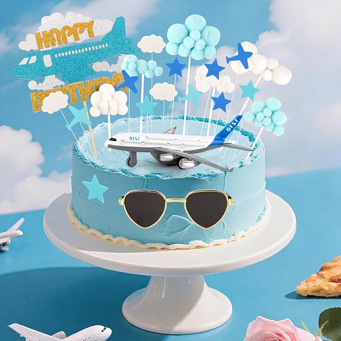 Hooqict 25 Pieces Airplane Cake Topper Decorations with Mini Sunglasses Blue White Cloud Happy Birthday Cake Toppers & Cupcake Toppers for Airplane Themed Party Decorations Supplies