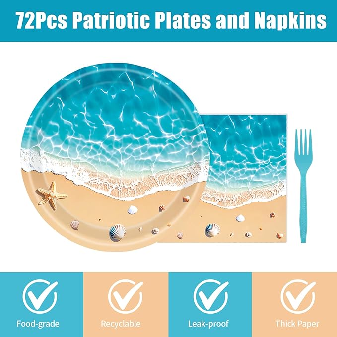 72PCS Beach Plates and Napkins, Ocean Waves Party Supplies Paper Plates and Napkins with Forks Disposable Tableware Set for Hawaiian Ocean Themed Party Decorations