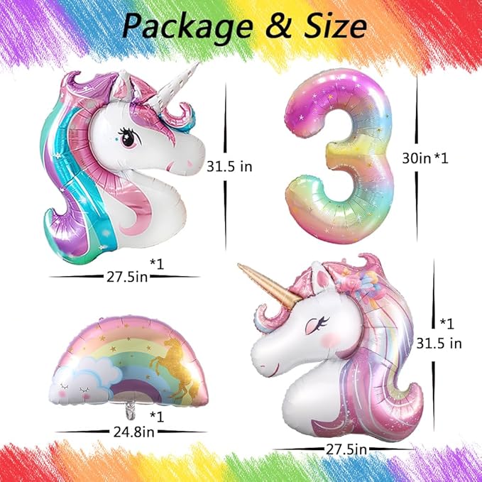 Pastel Rainbow Unicorn 3rd Birthday Party Decorations, Pink Purple Balloon with Large Unicorn Helium Balloons for Girl Birthday Party Garden & Fairy Theme Spring Decor (number 3 set)